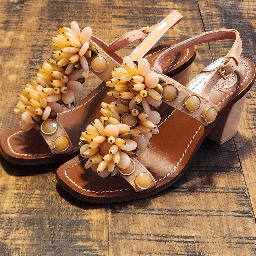 Tory Burch Coral Patent Leather Emilynn T-strap Studded Ankle Strap Sandals 6.5